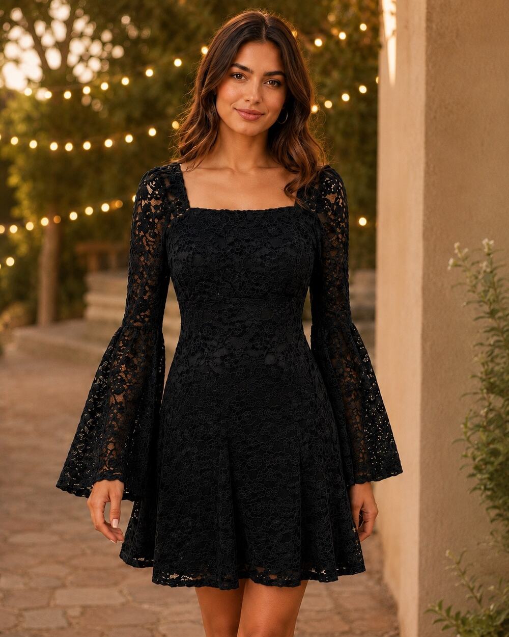 Very J Black Floral Lace Square Neck Bell Sleeve Fit & Flare Mini Dress L Gothic
